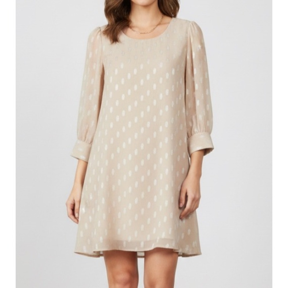 BB DAKOTA Beige w/Silver Metallic Ovals LINED CHIFFON Shift Flowy A-LINE DRESS L